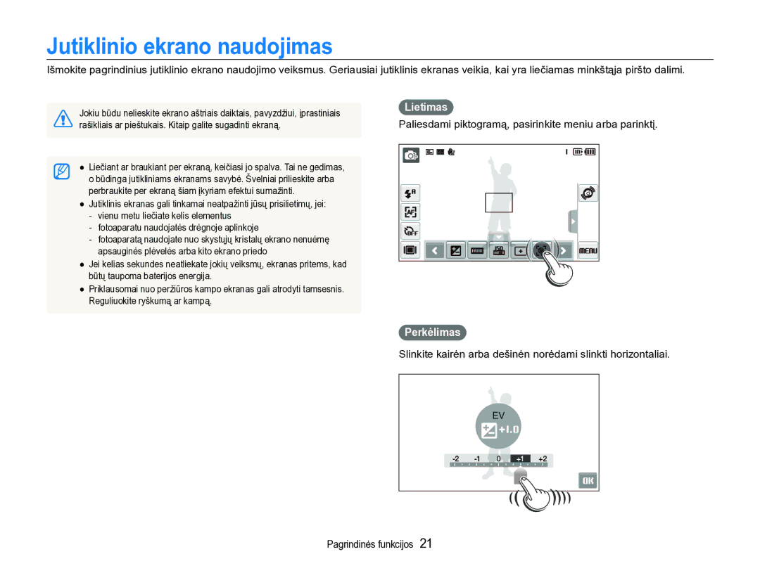 Samsung EC-ST600ZBPBE2 Jutiklinio ekrano naudojimas, Lietimas, Paliesdami piktogramą, pasirinkite meniu arba parinktį 