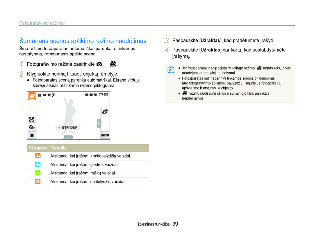 Samsung EC-ST600ZBPBE2 manual Sumanaus scenos aptikimo režimo naudojimas 