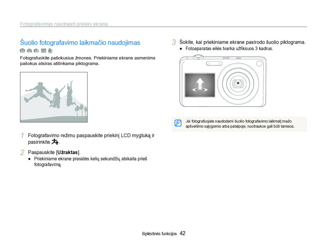 Samsung EC-ST600ZBPBE2 manual Šuolio fotografavimo laikmačio naudojimas, Fotoaparatas eilės tvarka užﬁksuos 3 kadrus 