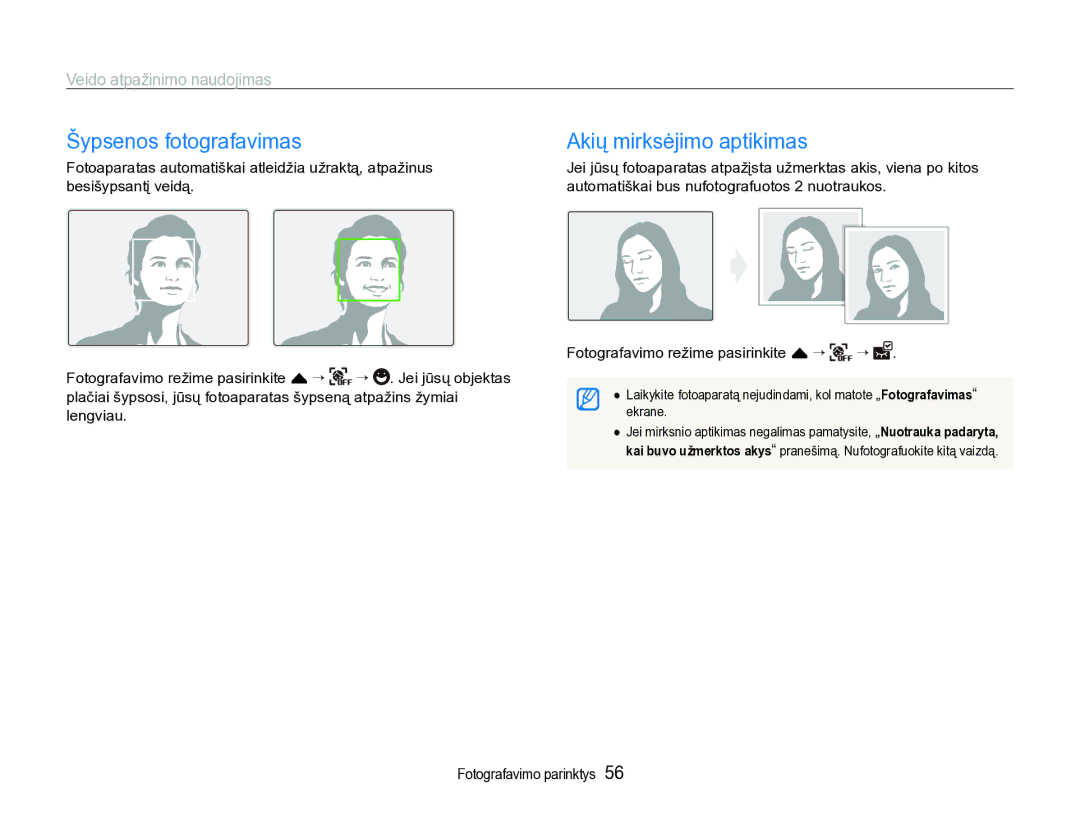 Samsung EC-ST600ZBPBE2 manual Šypsenos fotografavimas, Akių mirksėjimo aptikimas, Veido atpažinimo naudojimas 