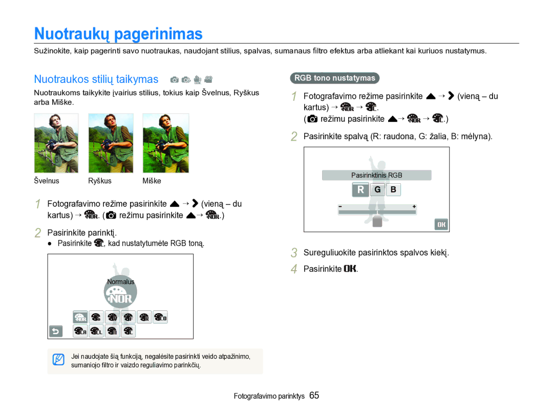 Samsung EC-ST600ZBPBE2 Nuotraukų pagerinimas, Nuotraukos stilių taikymas a p d, Pasirinkite , kad nustatytumėte RGB toną 