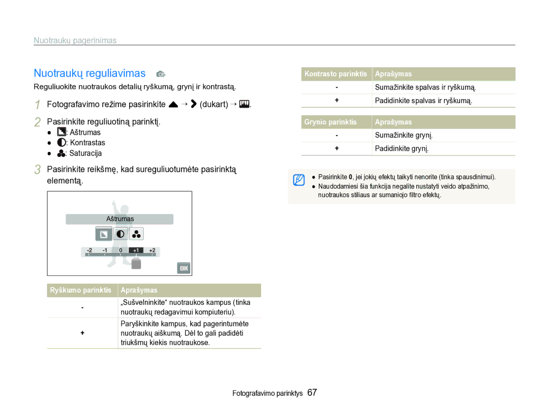 Samsung EC-ST600ZBPBE2 manual Nuotraukų reguliavimas p, Reguliuokite nuotraukos detalių ryškumą, grynį ir kontrastą 