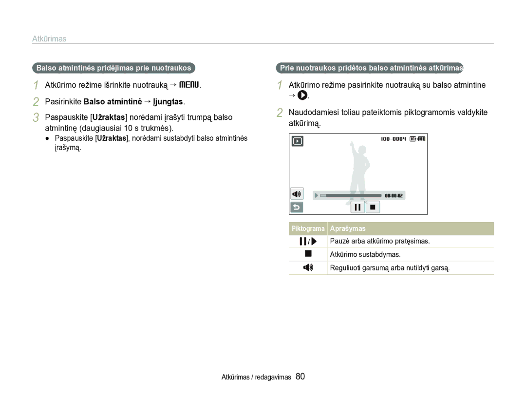 Samsung EC-ST600ZBPBE2 manual Atkūrimo režime išrinkite nuotrauką “ M, Balso atmintinės pridėjimas prie nuotraukos 