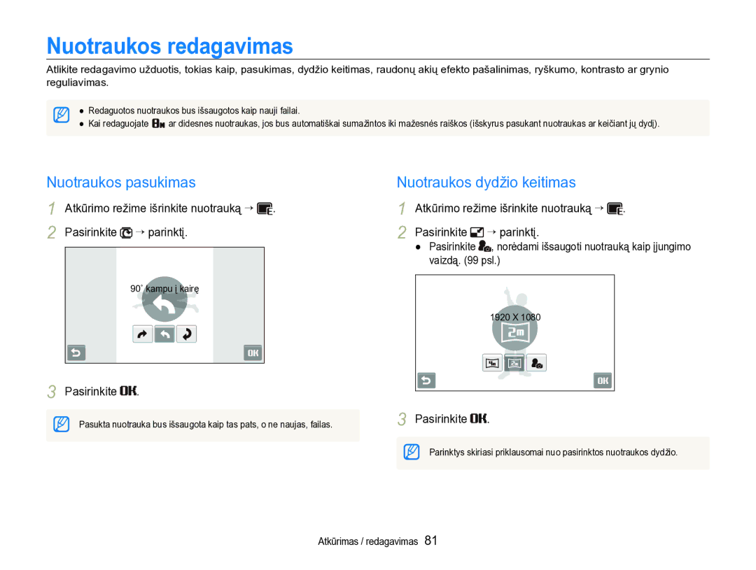 Samsung EC-ST600ZBPBE2 Nuotraukos redagavimas, Nuotraukos pasukimas, Nuotraukos dydžio keitimas, Pasirinkite ““parinktį 