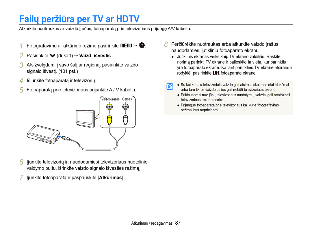 Samsung EC-ST600ZBPBE2 manual Failų peržiūra per TV ar Hdtv, Signalo išvestį psl Išjunkite fotoaparatą ir televizorių 