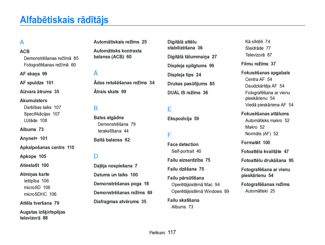 Samsung EC-ST600ZBPBE2 manual Alfabētiskais rādītājs 