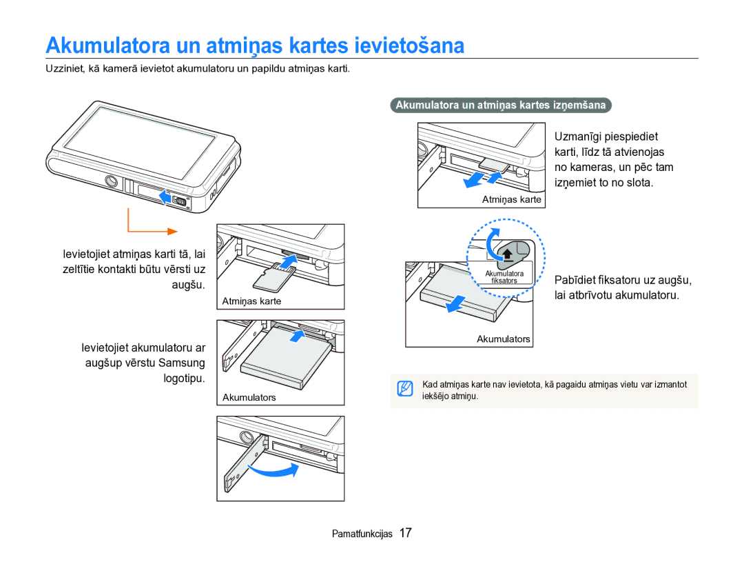 Samsung EC-ST600ZBPBE2 manual Akumulatora un atmiņas kartes ievietošana, Akumulatora un atmiņas kartes izņemšana 