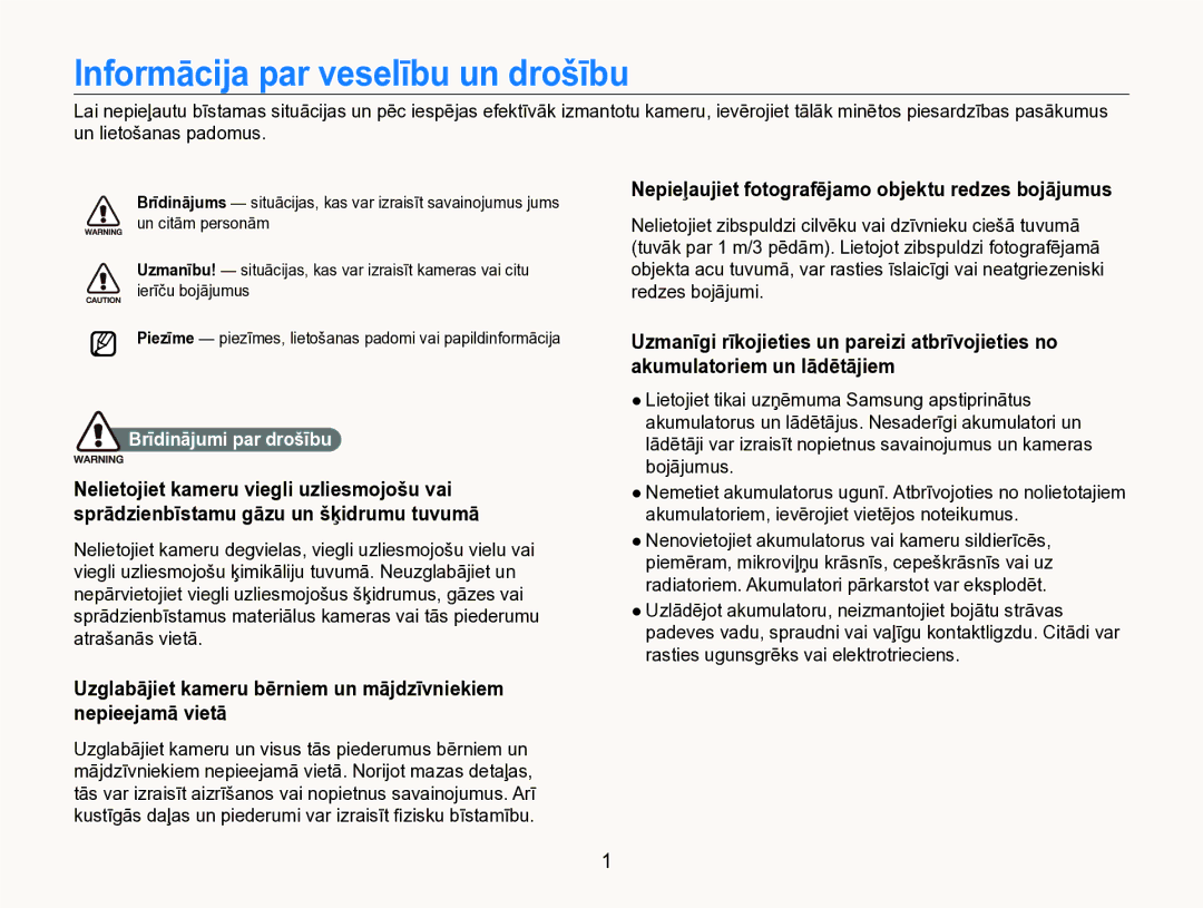 Samsung EC-ST600ZBPBE2 manual Informācija par veselību un drošību, Brīdinājumi par drošību 