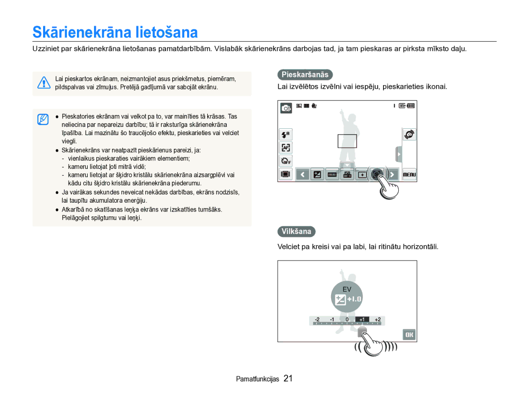 Samsung EC-ST600ZBPBE2 Skārienekrāna lietošana, Pieskaršanās, Lai izvēlētos izvēlni vai iespēju, pieskarieties ikonai 