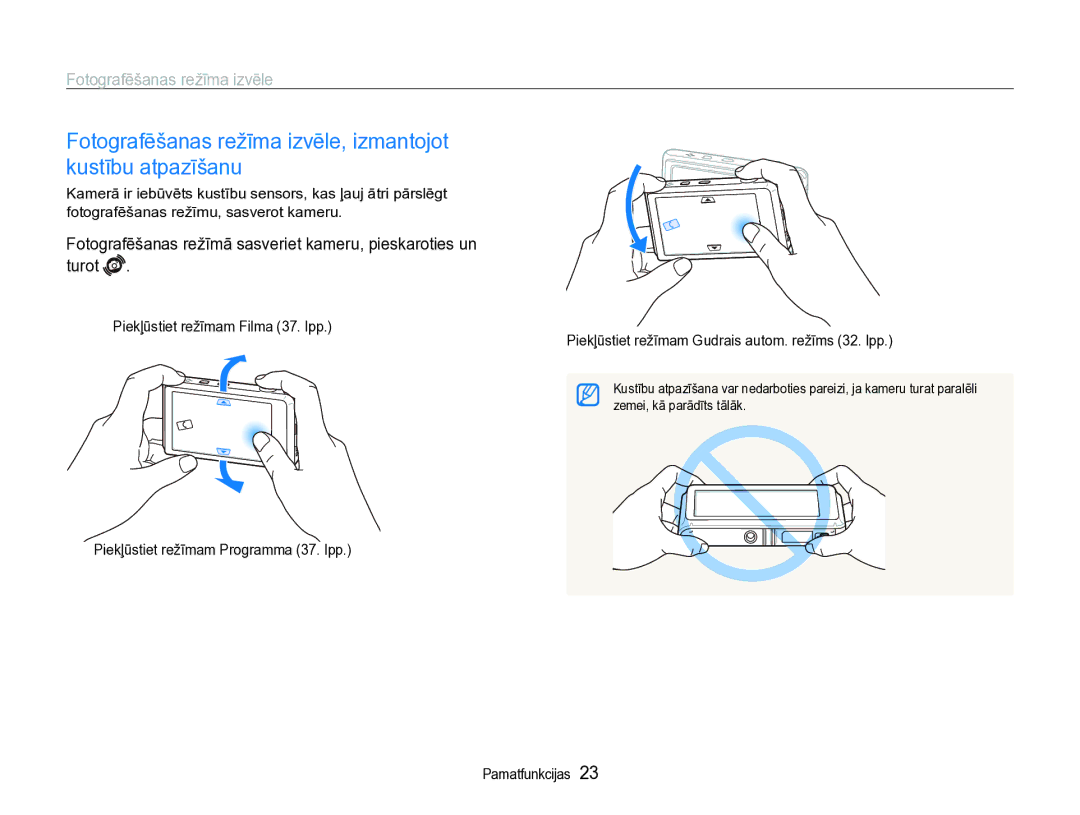 Samsung EC-ST600ZBPBE2 Fotografēšanas režīma izvēle, izmantojot kustību atpazīšanu, Piekļūstiet režīmam Programma 37. lpp 