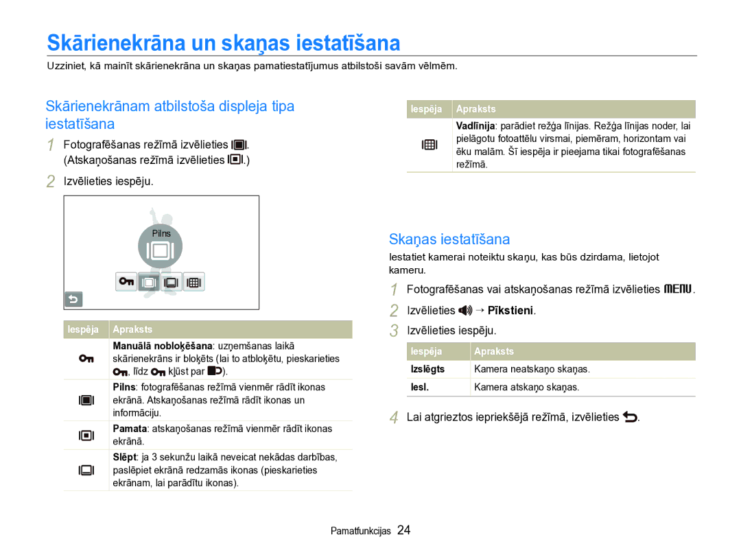 Samsung EC-ST600ZBPBE2 manual Skārienekrāna un skaņas iestatīšana, Skārienekrānam atbilstoša displeja tipa iestatīšana 