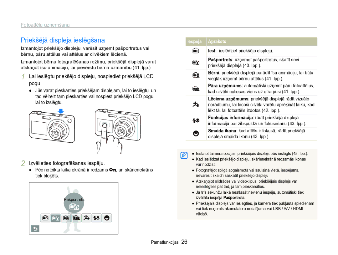 Samsung EC-ST600ZBPBE2 manual Priekšējā displeja ieslēgšana, Fotoattēlu uzņemšana, Izvēlieties fotografēšanas iespēju 