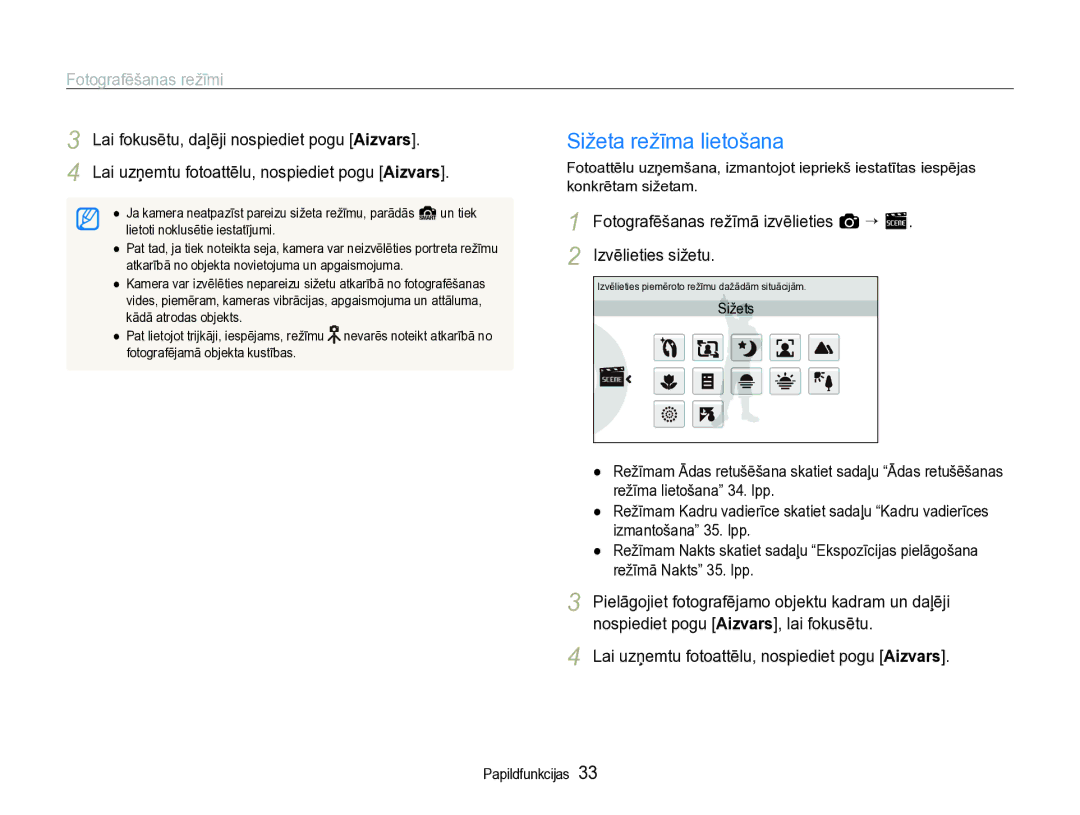 Samsung EC-ST600ZBPBE2 manual Sižeta režīma lietošana, Fotografēšanas režīmi 