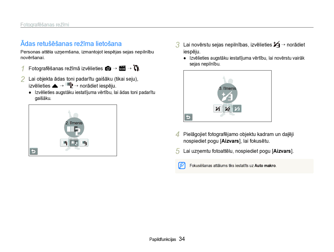 Samsung EC-ST600ZBPBE2 manual Ādas retušēšanas režīma lietošana, Fotografēšanas režīmā izvēlieties a “ s ““, Iespēju 