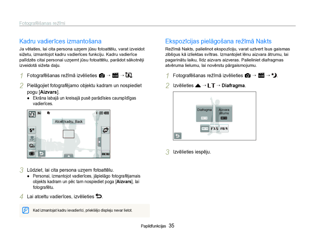 Samsung EC-ST600ZBPBE2 manual Kadru vadierīces izmantošana, Ekspozīcijas pielāgošana režīmā Nakts 