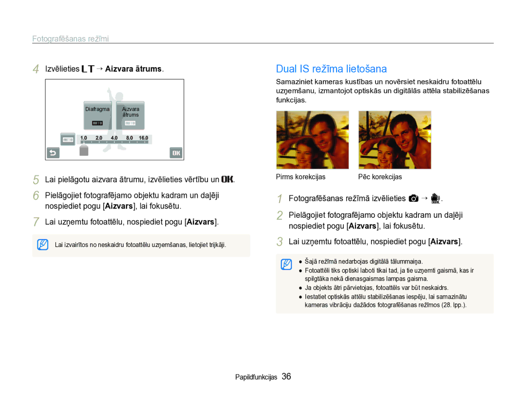 Samsung EC-ST600ZBPBE2 manual Dual is režīma lietošana, Izvēlieties, Nospiediet pogu Aizvars, lai fokusētu 