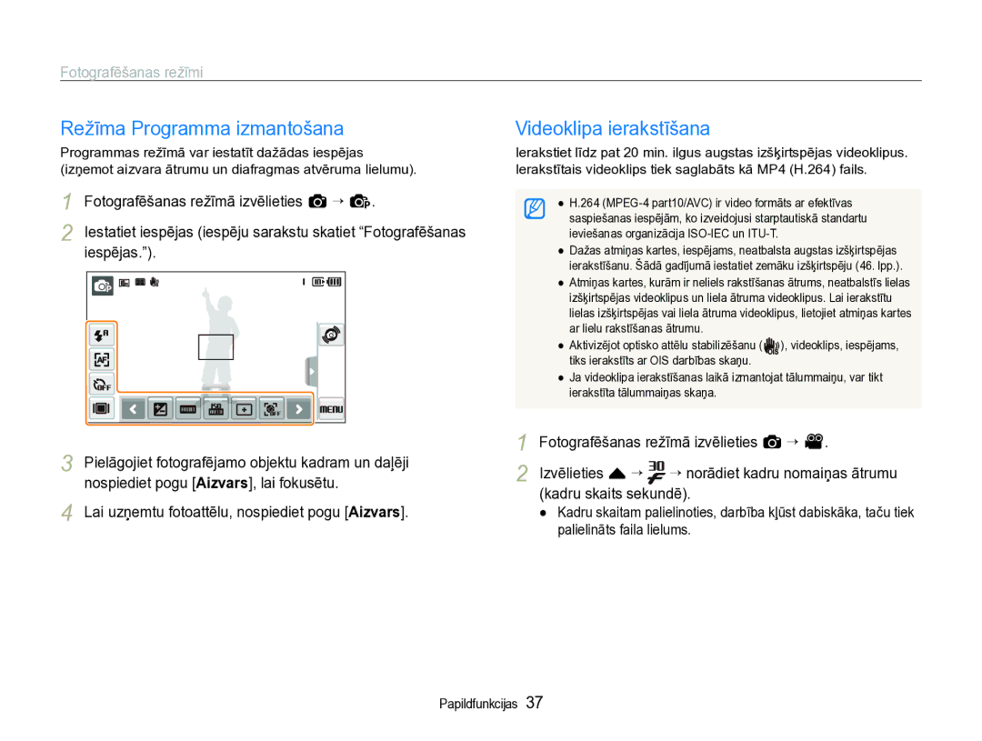 Samsung EC-ST600ZBPBE2 manual Režīma Programma izmantošana, Videoklipa ierakstīšana 