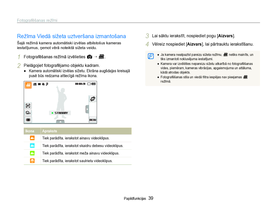 Samsung EC-ST600ZBPBE2 manual Režīma Viedā sižeta uztveršana izmantošana, Lai sāktu ierakstīt, nospiediet pogu Aizvars 