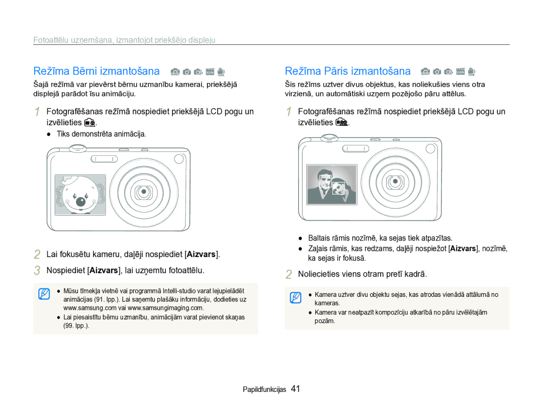 Samsung EC-ST600ZBPBE2 manual Režīma Bērni izmantošana S a p s d, Režīma Pāris izmantošana S a p s d 