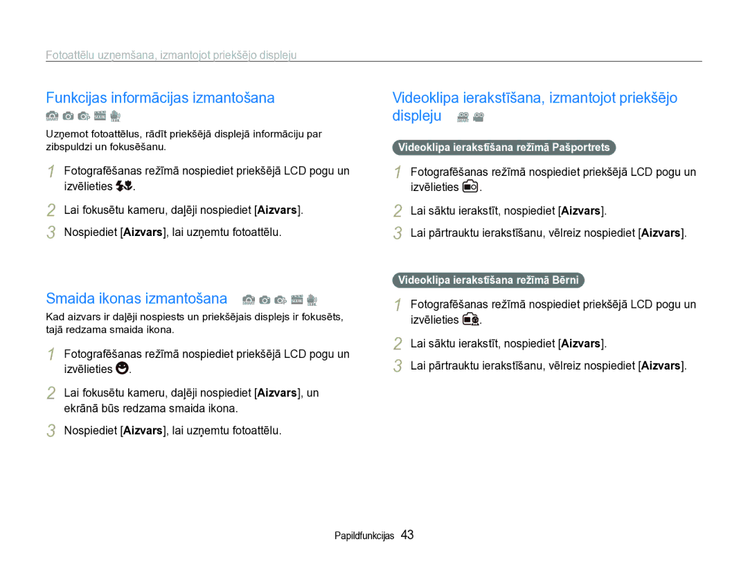 Samsung EC-ST600ZBPBE2 manual Funkcijas informācijas izmantošana, Smaida ikonas izmantošana S a p s d 