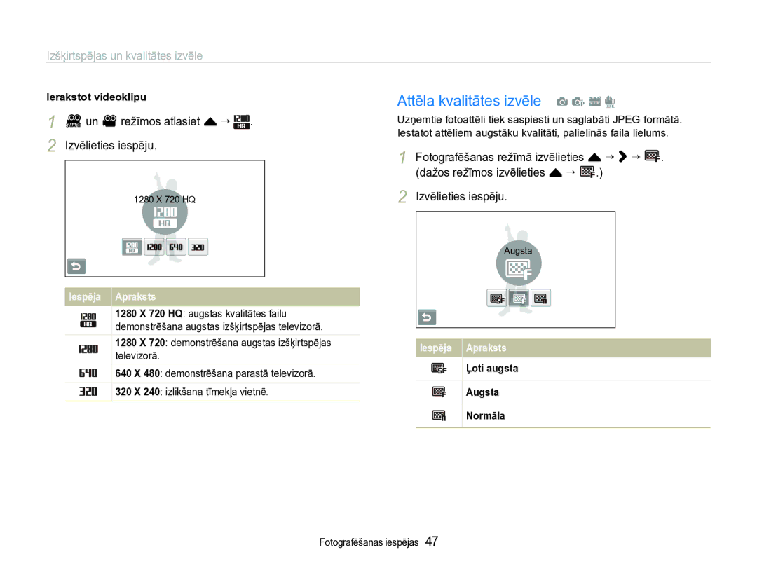 Samsung EC-ST600ZBPBE2 manual Attēla kvalitātes izvēle a p s d, Izšķirtspējas un kvalitātes izvēle, Ierakstot videoklipu 