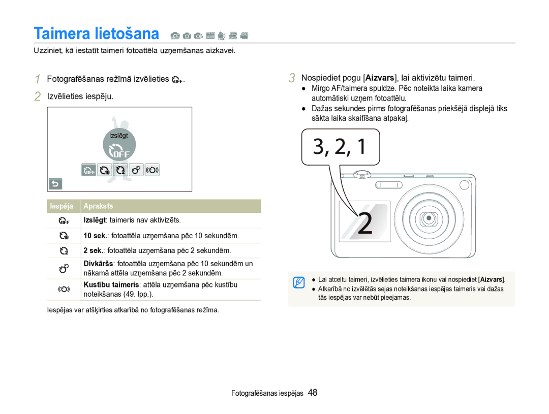 Samsung EC-ST600ZBPBE2 manual Taimera lietošana S a p s d D, Fotografēšanas režīmā izvēlieties Izvēlieties iespēju 