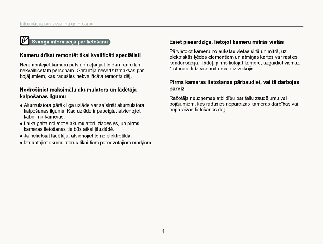 Samsung EC-ST600ZBPBE2 manual Pirms kameras lietošanas pārbaudiet, vai tā darbojas pareizi 