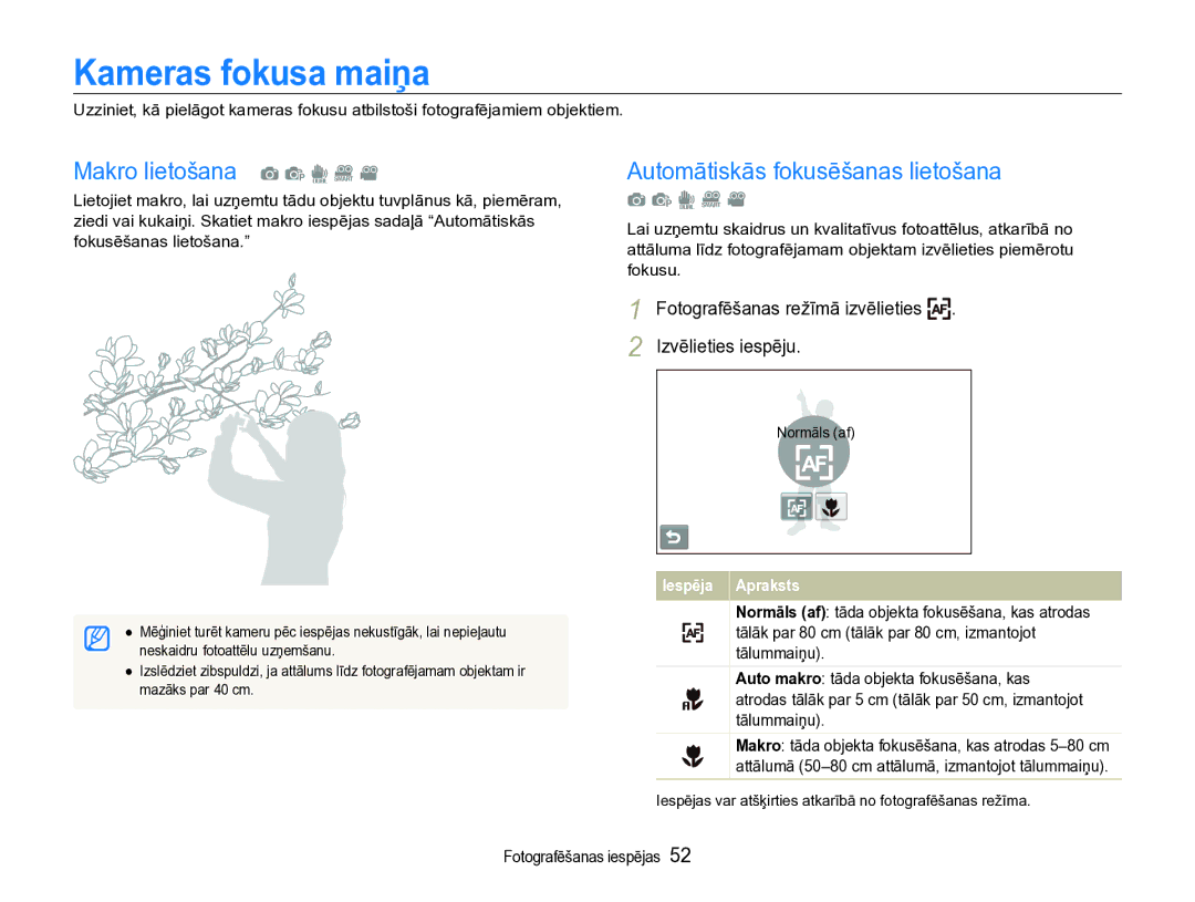 Samsung EC-ST600ZBPBE2 manual Kameras fokusa maiņa, Makro lietošana a p d D, Automātiskās fokusēšanas lietošana 