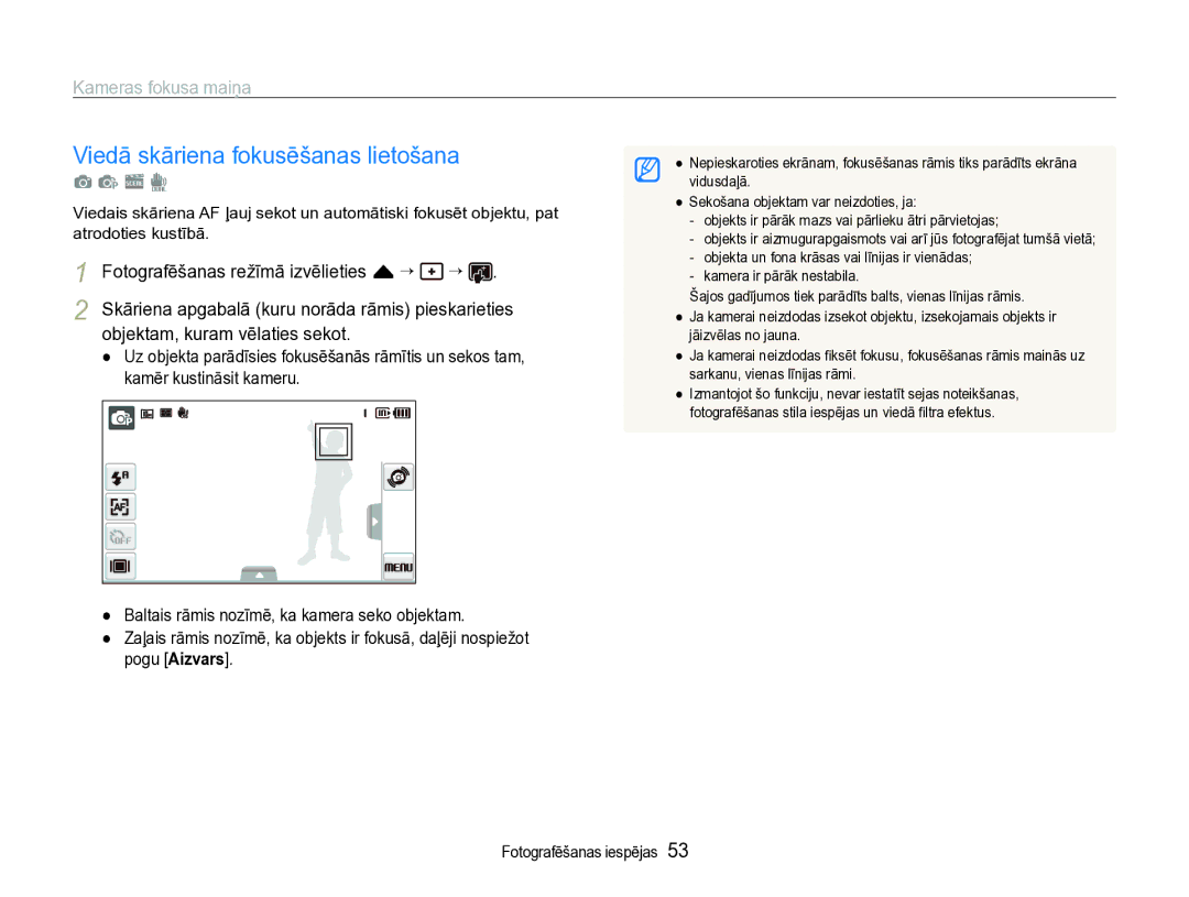 Samsung EC-ST600ZBPBE2 Viedā skāriena fokusēšanas lietošana, Kameras fokusa maiņa, Fotografēšanas režīmā izvēlieties f “ 