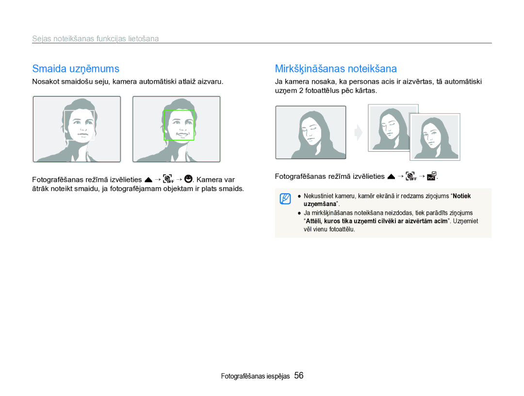 Samsung EC-ST600ZBPBE2 manual Smaida uzņēmums, Mirkšķināšanas noteikšana, Sejas noteikšanas funkcijas lietošana 