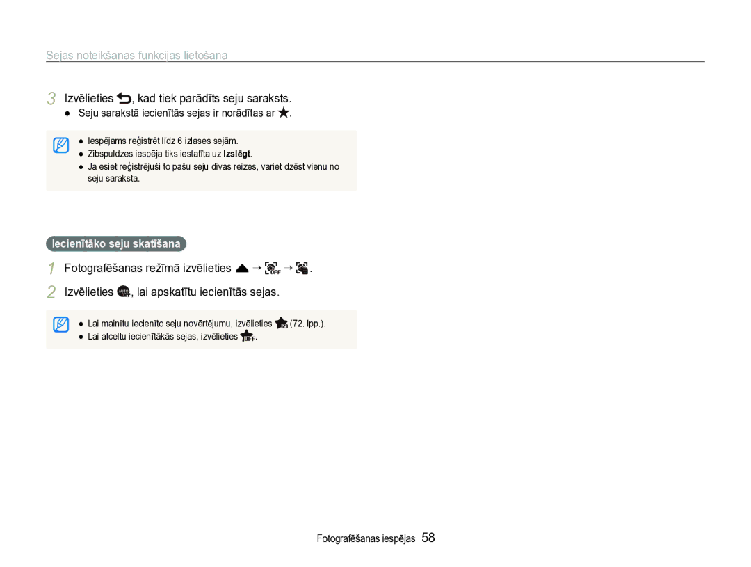 Samsung EC-ST600ZBPBE2 manual Izvēlieties , kad tiek parādīts seju saraksts, Seju sarakstā iecienītās sejas ir norādītas ar 