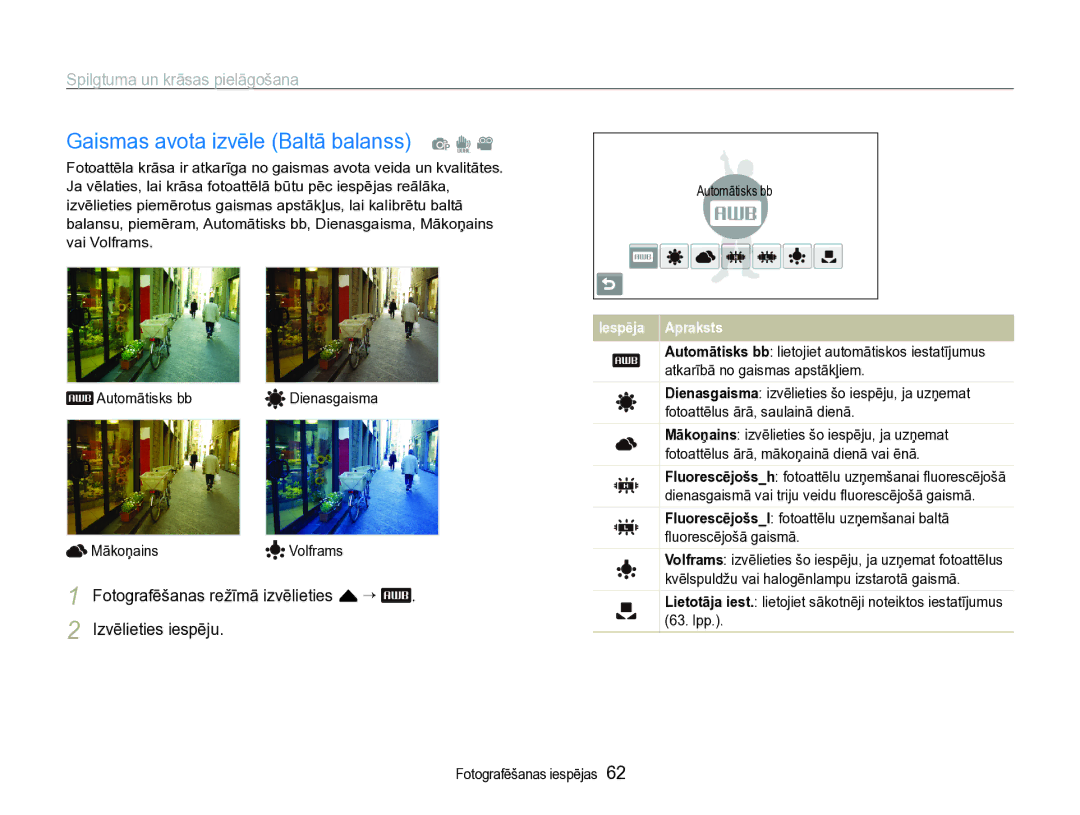 Samsung EC-ST600ZBPBE2 Gaismas avota izvēle Baltā balanss p d, Fotografēšanas režīmā izvēlieties f ““ Izvēlieties iespēju 