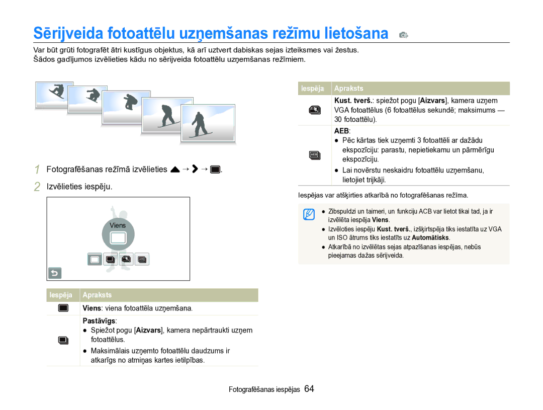 Samsung EC-ST600ZBPBE2 manual Sērijveida fotoattēlu uzņemšanas režīmu lietošana p, Fotografēšanas režīmā izvēlieties f “ “ 