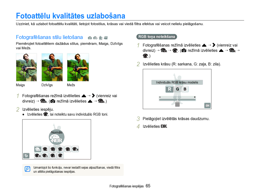 Samsung EC-ST600ZBPBE2 manual Fotoattēlu kvalitātes uzlabošana, Fotografēšanas stilu lietošana a p d, RGB toņa noteikšana 