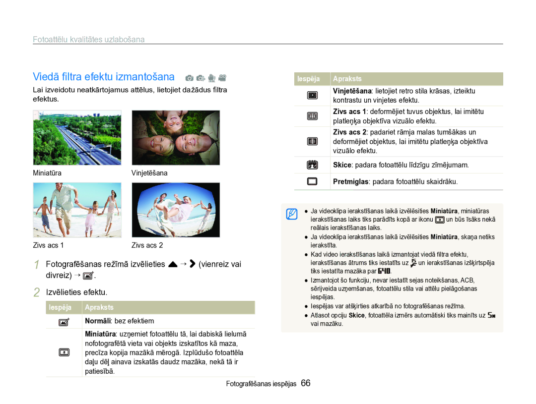 Samsung EC-ST600ZBPBE2 manual Viedā ﬁltra efektu izmantošana a p d, Fotoattēlu kvalitātes uzlabošana 