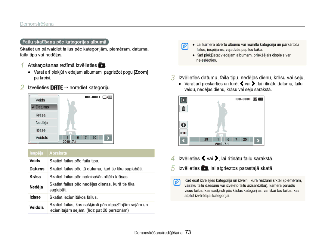 Samsung EC-ST600ZBPBE2 manual Izvēlieties “ norādiet kategoriju, Failu skatīšana pēc kategorijas albumā 