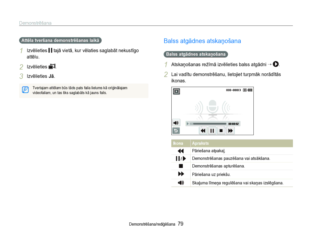 Samsung EC-ST600ZBPBE2 manual Balss atgādnes atskaņošana, Attēla tveršana demonstrēšanas laikā 