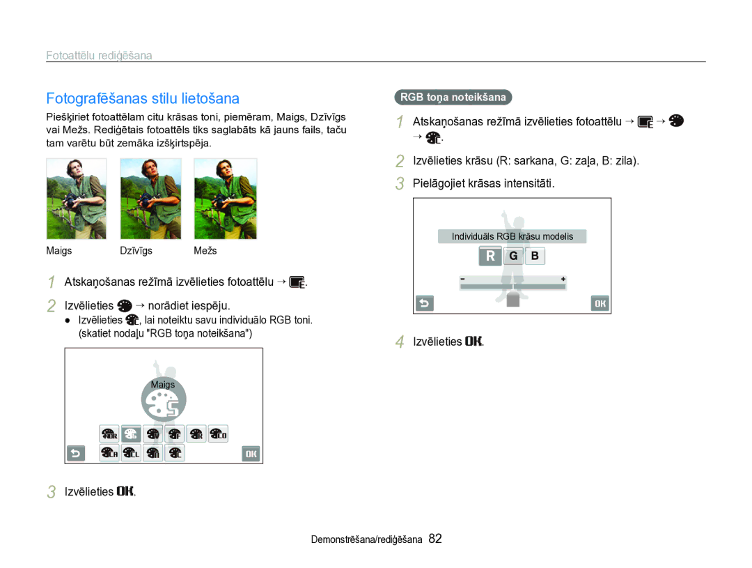 Samsung EC-ST600ZBPBE2 manual Fotografēšanas stilu lietošana, Fotoattēlu rediģēšana, Pielāgojiet krāsas intensitāti 