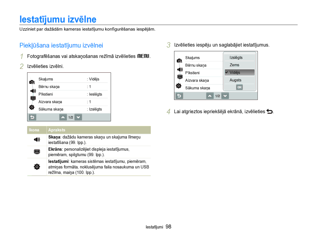 Samsung EC-ST600ZBPBE2 manual Iestatījumu izvēlne, Piekļūšana iestatījumu izvēlnei 