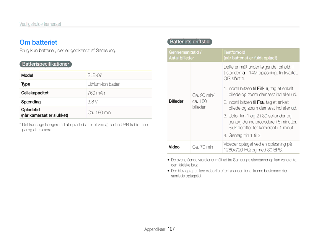 Samsung EC-ST600ZBPLE2, EC-ST600ZBPBE3, EC-ST600ZBPGE2 manual Om batteriet, Batterispeciﬁkationer, Batteriets driftstid 
