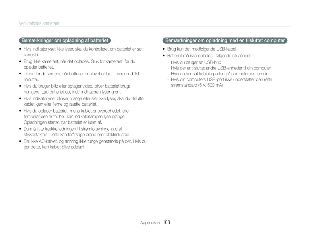 Samsung EC-ST600ZBPPE2 manual Bemærkninger om opladning af batteriet, Bemærkninger om opladning med en tilsluttet computer 