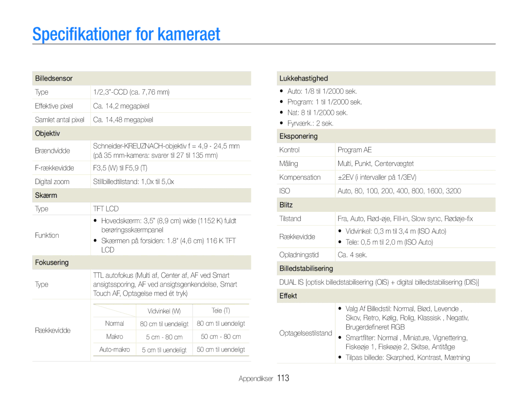 Samsung EC-ST600ZBPPE2, EC-ST600ZBPBE3, EC-ST600ZBPGE2, EC-ST600ZBPBE2, EC-ST600ZBPLE2 manual Speciﬁkationer for kameraet, 113 