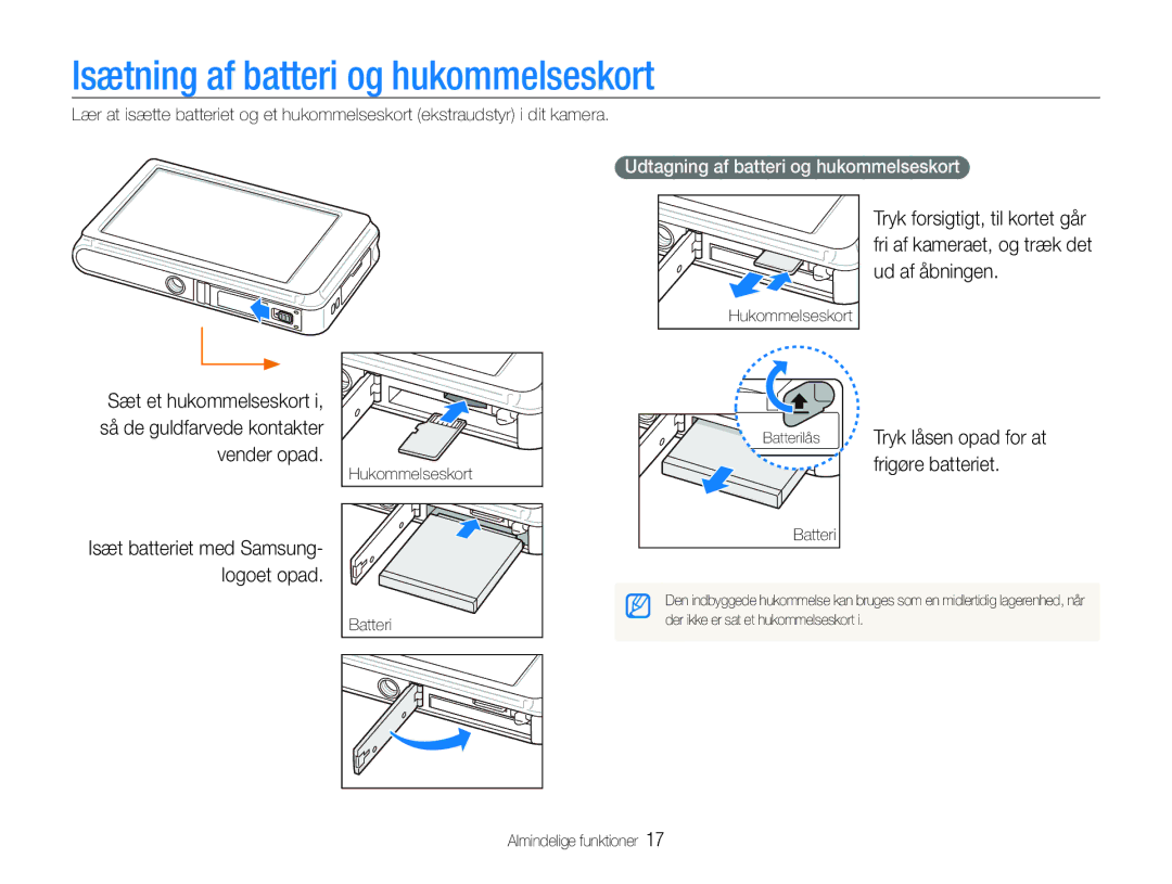 Samsung EC-ST600ZBPLE2 manual Isætning af batteri og hukommelseskort, Batterilås Tryk låsen opad for at frigøre batteriet 