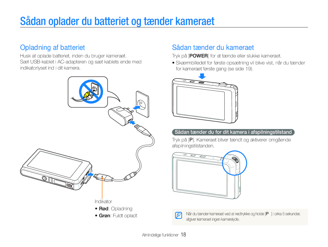 Samsung EC-ST600ZBPPE2 Sådan oplader du batteriet og tænder kameraet, Opladning af batteriet, Sådan tænder du kameraet 