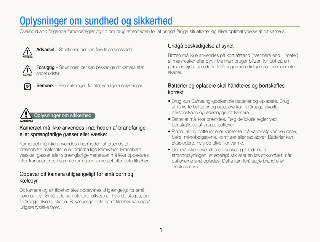 Samsung EC-ST600ZBPBE2 manual Oplysninger om sundhed og sikkerhed, Undgå beskadigelse af synet, Oplysninger om sikkerhed 