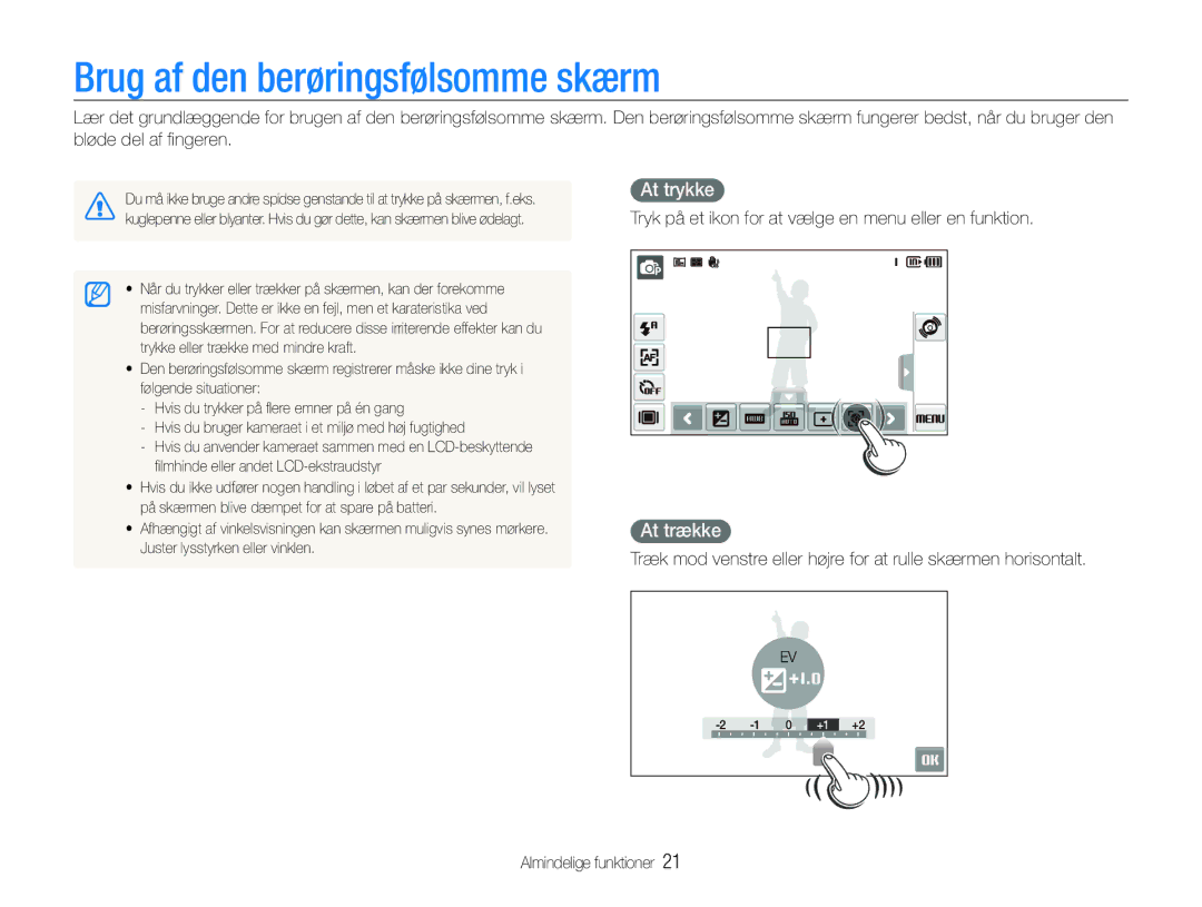 Samsung EC-ST600ZBPBE2, EC-ST600ZBPBE3, EC-ST600ZBPGE2 manual Brug af den berøringsfølsomme skærm, At trykke, At trække 