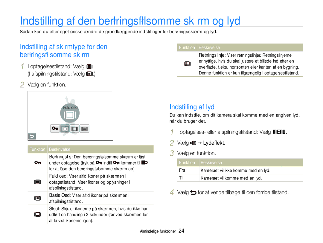 Samsung EC-ST600ZBPBE3 manual Indstilling af den berøringsfølsomme skærm og lyd, Indstilling af lyd, Funktion Beskrivelse 