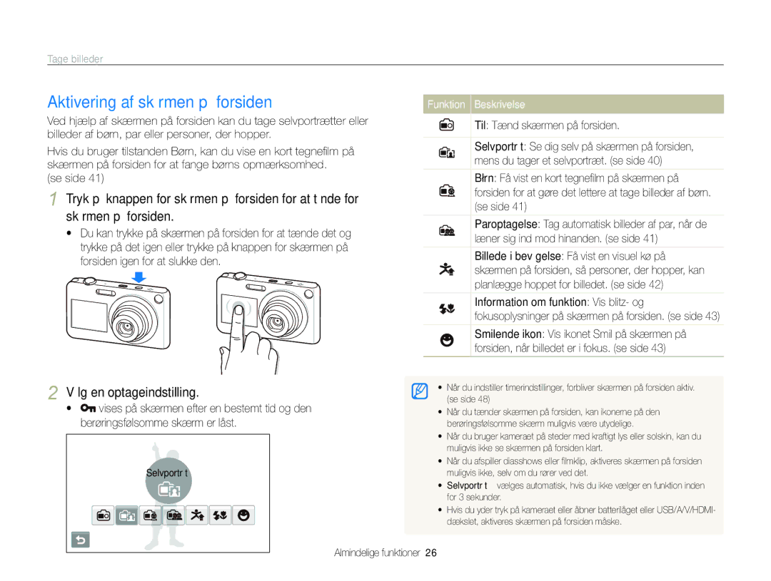 Samsung EC-ST600ZBPBE2 manual Aktivering af skærmen på forsiden, Tage billeder, Vælg en optageindstilling, Se side 