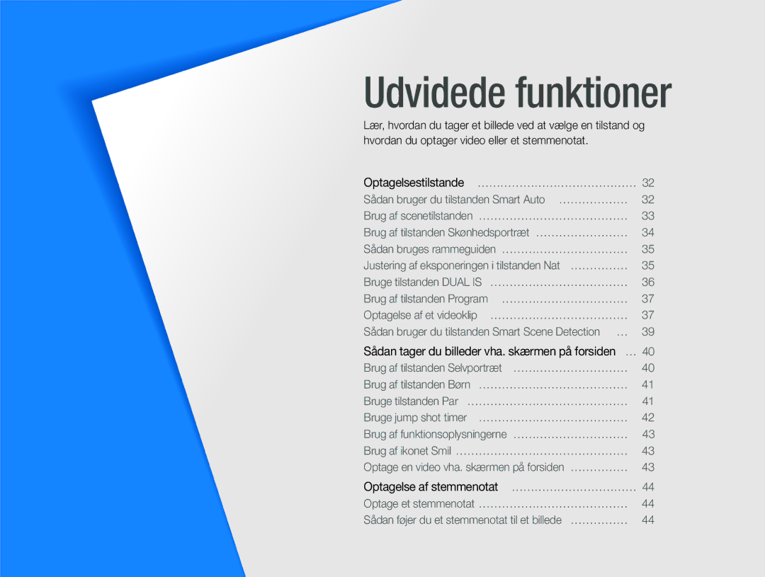 Samsung EC-ST600ZBPBE2, EC-ST600ZBPBE3, EC-ST600ZBPGE2 manual Udvidede funktioner, Optagelse af stemmenotat …………………………… 