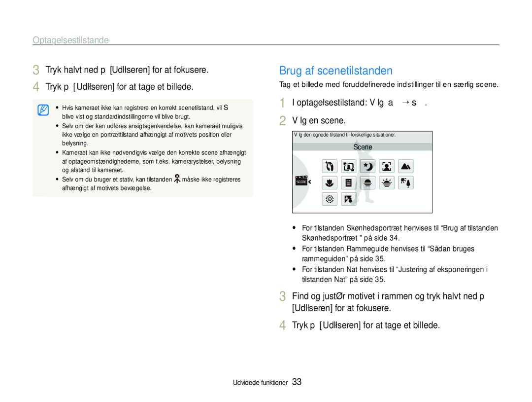 Samsung EC-ST600ZBPPE2 manual Brug af scenetilstanden, Optagelsestilstande, Optagelsestilstand Vælg a ““s Vælg en scene 